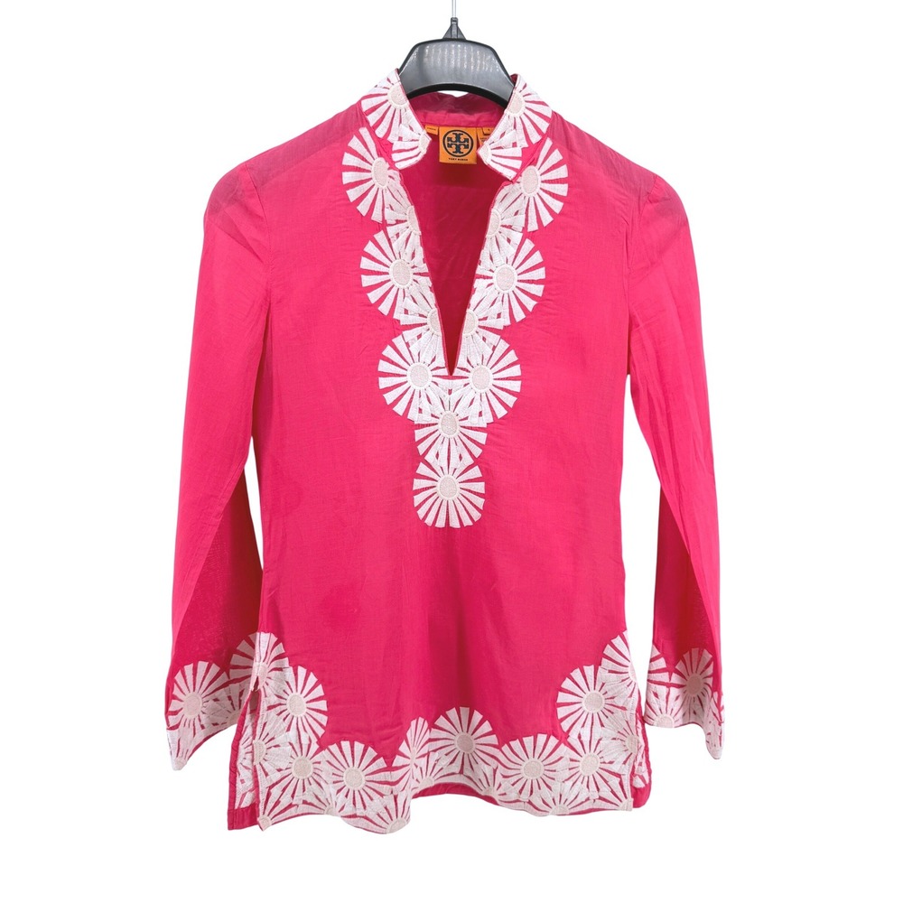 Tory Burch Tunic Womens 4 Pre-Owned Tunic Pink Embroidered 100% Cotton Boho Top